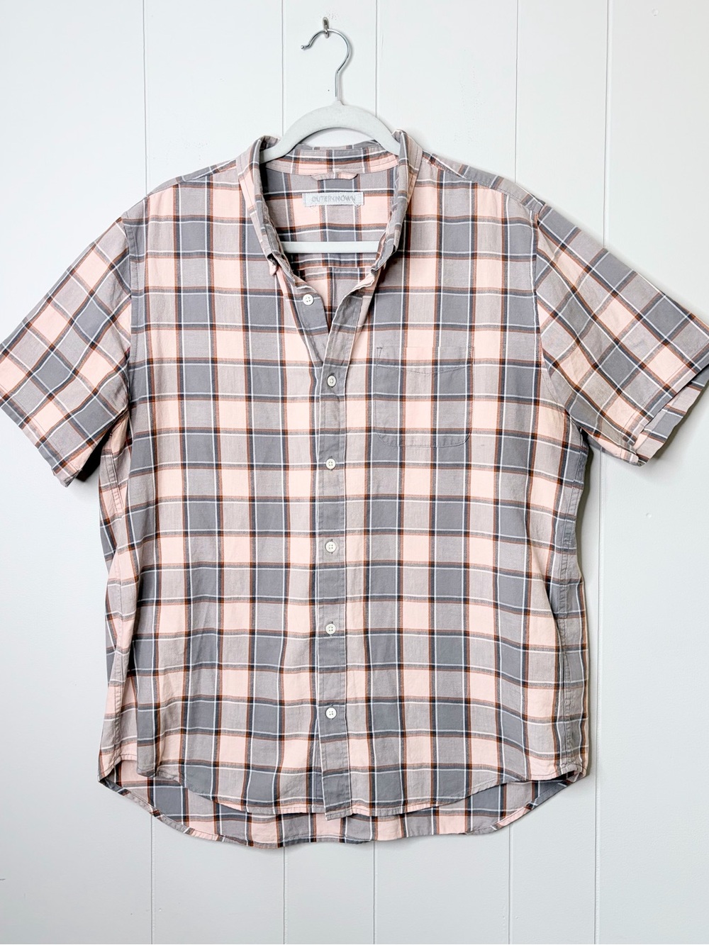Outerknown 100% Organic Cotton Short Sleeve Plaid Button Down Shirt Gray Tan XL